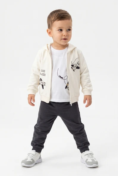 Toontoy Erkek Çocuk 3'lü Eşofman Takımı Uzun Kollu Bisiklet Yaka Nakışlı T-shirt - Kapüşonlu Fermuarlı Hırka- Beli Paçası Lastikli Eşofman Altı 25052 ürün görseli 1