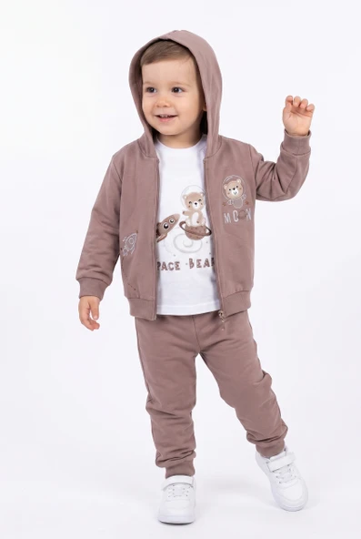 Toontoy Erkek Çocuk 3'lü Eşofman Takımı Uzun Kollu Bisiklet Yaka Nakışlı T-shirt - Kapüşonlu Fermuarlı Hırka- Beli Paçası Lastikli Eşofman Altı 25045 ürün görseli 1
