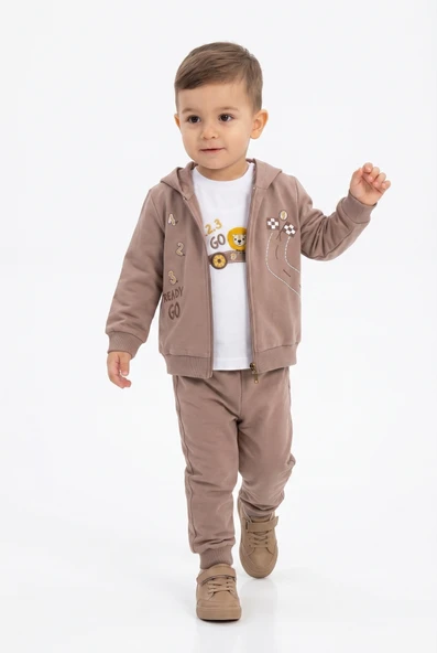Toontoy Erkek Çocuk 3'lü Eşofman Takımı Uzun Kollu Bisiklet Yaka Nakışlı T-shirt - Kapüşonlu Fermuarlı Hırka- Beli Paçası Lastikli Eşofman Altı 25044 ürün görseli 1