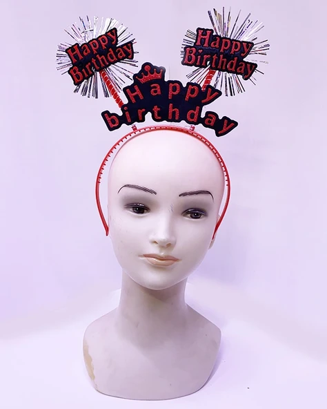 Happy Birthday Yazılı Püsküllü Neon Kırmızı Renk Doğum Günü Tacı 22x19 Cm ürün görseli 1