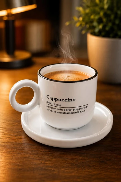 Kulplu Cappuccino Kahve Bardağı ve Tabak Seti Modern Tasarım Seramik Kahve Kupası Kahve Sunum Seti ürün görseli 1
