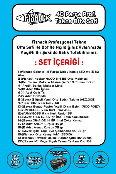 Fishack 40 Parça Profesyonel Tekne Olta Seti - 1.50MT/3+1BB - Resim 2