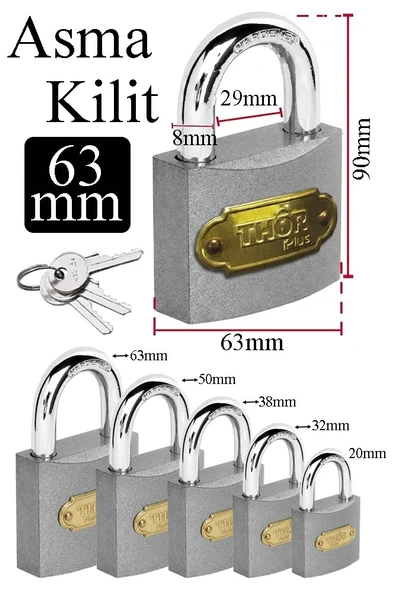 Büyük Boy Asma Kilit 63 mm 1 Adet Thor Plus Paslanmaz Metal Asma Kilit Dayanıklı Yedek Anahtarlı Zincir Kapı Bahçe ürün görseli 1