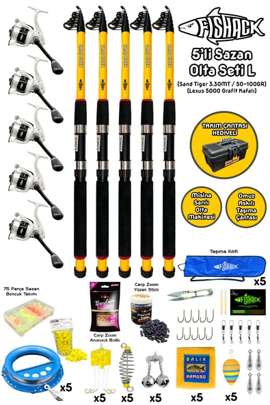 Tam Takım Sazan Olta Seti - 5'li Set - L - 3.30MT/50-100GR ürün görseli 1