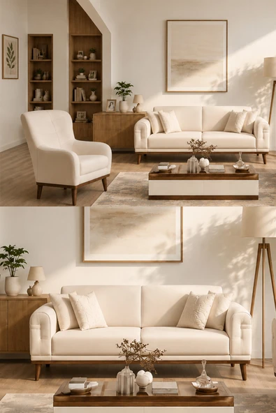 İYENA HOME LİVİNG Candy 3+3+1+1 Koltuk takımı Krem Sırt Mekanizmalı Yataklı Bej ürün görseli 1