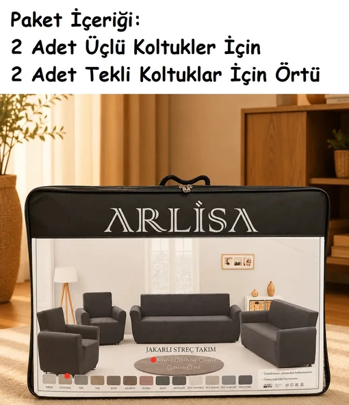 Arlisa Jakarlı Ağaç Kabuğu Streç Maxi Takım Koltuk Örtüsü (3+3+1+1)-Naturel ürün görseli 1