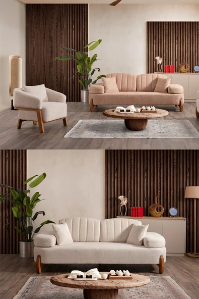İYENA HOME LİVİNG Aprıl 3+3+1 Mekanizmalı Koltuk Takımı Krem ürün görseli 1