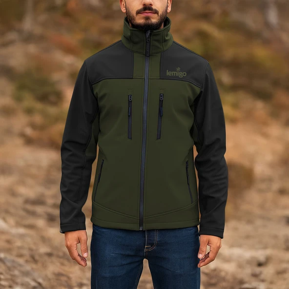 Su ve Rüzgar Geçirmez Softshell Mont - Lemigo - Haki-Siyah ürün görseli 1
