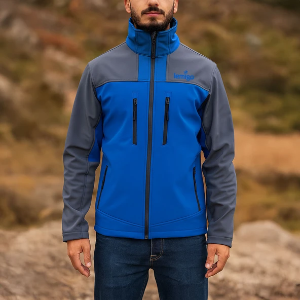 Su ve Rüzgar Geçirmez Softshell Mont - Lemigo - Mavi-Gri ürün görseli 1