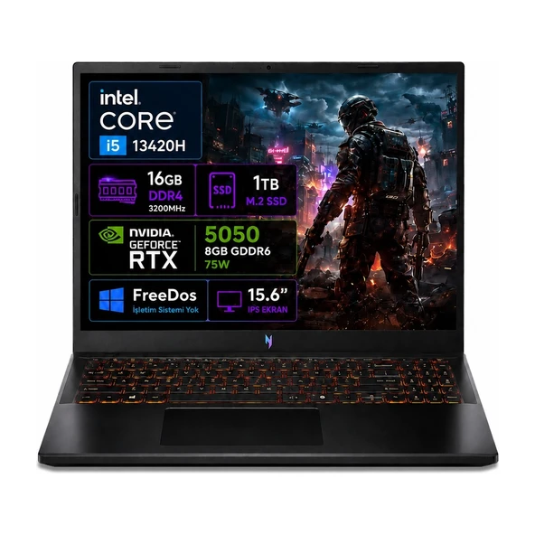 Acer nitro V 15 ANV15-52-02 Intel Core i5-13420H 16GB RAM 1TB SSD RTX5050-8GB 75W 15.6" 165Hz FHD Freedos NH.QZ7EY.003-02 ürün görseli 1