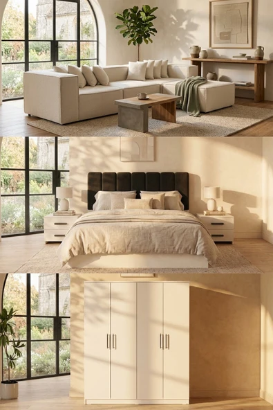 İYENA HOME LİVİNG Monza Ev Mobilya Paketi (Dolap + 2 Komodin + Bazalı Karyola + Modüllü Köşe Koltuk ) Beyaz ürün görseli 1