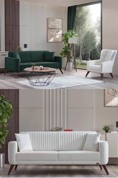 İYENA HOME LİVİNG Havana 3+3+1+1 Sırt Mekanizmalı Modern Koltuk Takımı Yeşil - Beyaz ürün görseli 1