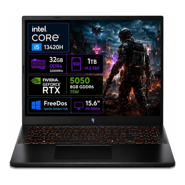 Acer Nitro V 15 ANV15-52-03 i5-13420H 32GB 1TB RTX5050 15.6" Freedos NH.QZ7EY.003-03 ürün görseli 1