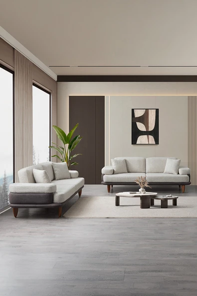 İYENA HOME LİVİNG Aldos 3+3 Modern Sırt Mekanizmalı Yataklı Koltuk Takımı Gri ürün görseli 1