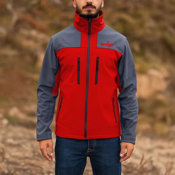 Su ve Rüzgar Geçirmez Softshell Mont - Lemigo - Kırmızı-Gri ürün görseli 1