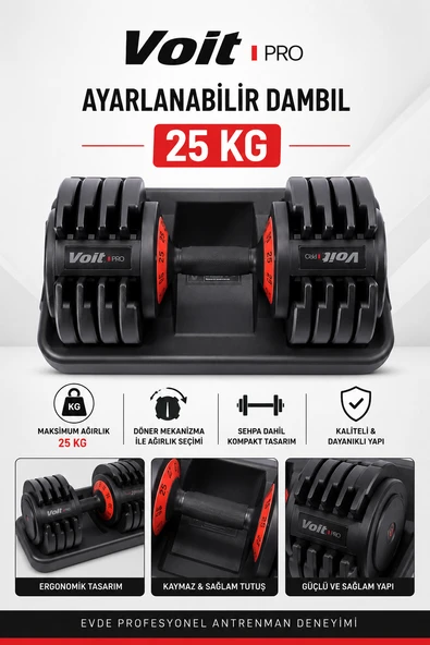 Voit Pro 25 Kg Ayarlanabilir Dambıl Seti Sehpalı Fitness Ağırlık Dumbbell Ev Tipi Spor Ekipmanı ürün görseli 1
