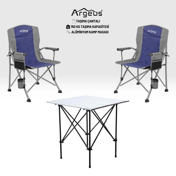 2 Adet Katlanır Kamp Sandalyesi ve Alüminyum Masa Seti - Rustic Silver - Mavi ürün görseli 1