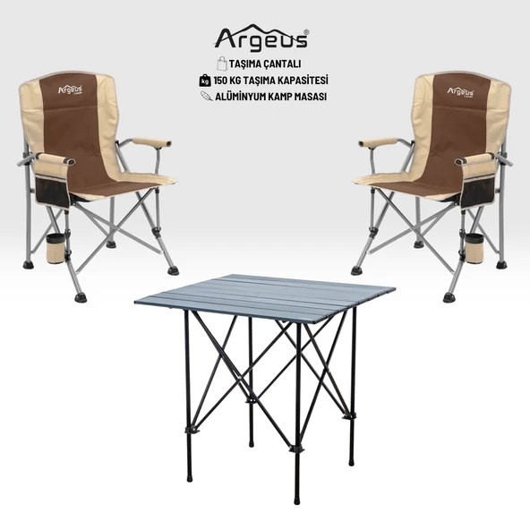 2 Adet Katlanır Kamp Sandalyesi ve Alüminyum Masa Seti - Rustic Dark - Kum ürün görseli 1