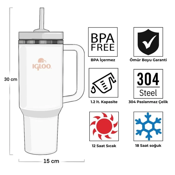 Çelik Mug Termos - Igloo - Stadler - 1.2 lt - Beyaz - 205787 - Resim 6