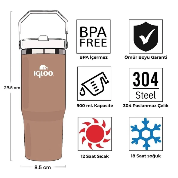 Çelik Termos - Igloo - Powder - 900ml - Kahve/Beyaz - 205788 - Resim 4