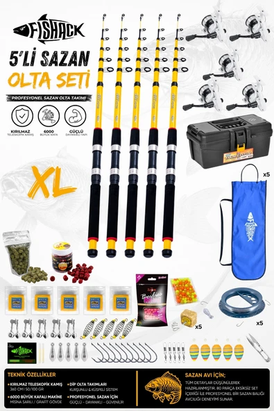 Full Set Profesyonel 5'li Sazan Olta Seti - XL - Kırılmaz Kamış - 3.60M/50-100G ürün görseli 1