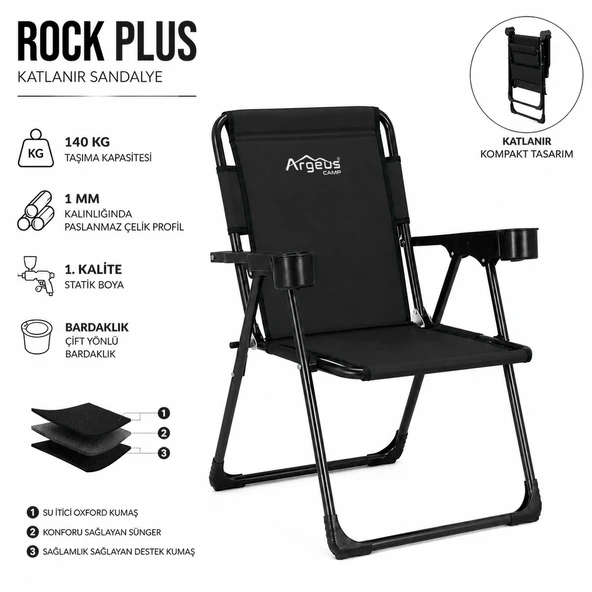 Katlanır Piknik ve Kamp Sandalyesi - Bardaklıklı - Rock Plus - Siyah ürün görseli 1