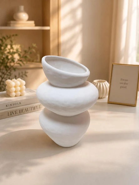 El Yapımı Dekoratif Vazo Beyaz Modern Tasarım Çiçek Vazosu Salon Konsol Dekoru 21 cm ürün görseli 1