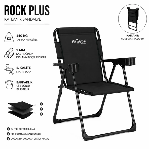 2 Adet Katlanır Kamp Sandalyesi Seti - Rock Plus - Siyah - Resim 2