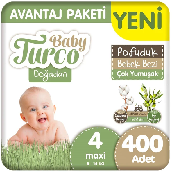 Baby Turco Doğadan 4 Beden Bebek Bezi Avantaj Paketi Pofuduk 100x4 400 Adet ürün görseli 1