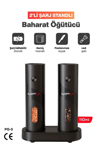 MPIA PG5 Şarjlı Baharat Öğütücü 2’li 110 ml LED Paslanmaz Çelik Bıçak Tuz Karabiber Öğütücü ürün görseli 1