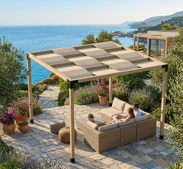 iAhşap Dört Direkli Dalgılı Brandalı Gölgelikli Dekoratif Bahçe Pergola ürün görseli 1