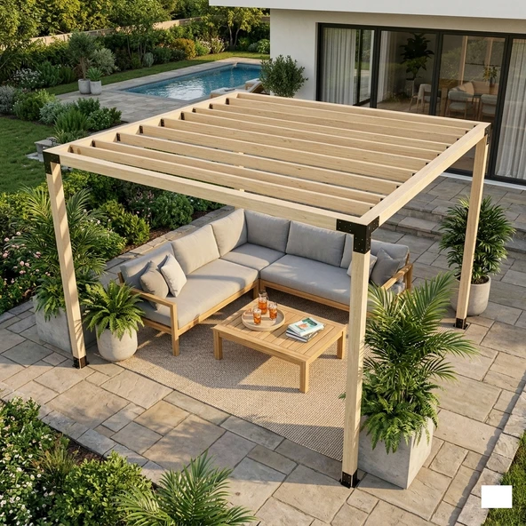 iAhşap Dört Direkli Ahşap Üst Izgaralı Bahçe Pergola ürün görseli 1