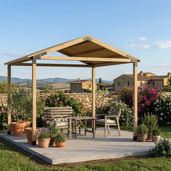iAhşap Dört Direkli Çatılı Su Yalıtımlı Pergola - OSB ve Membran Kaplamalı ürün görseli 1