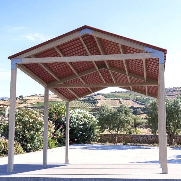 iAhşap Altı Direkli İzmir Çatılı Trapez Sac Kaplı Büyük Boy Pergola ürün görseli 1