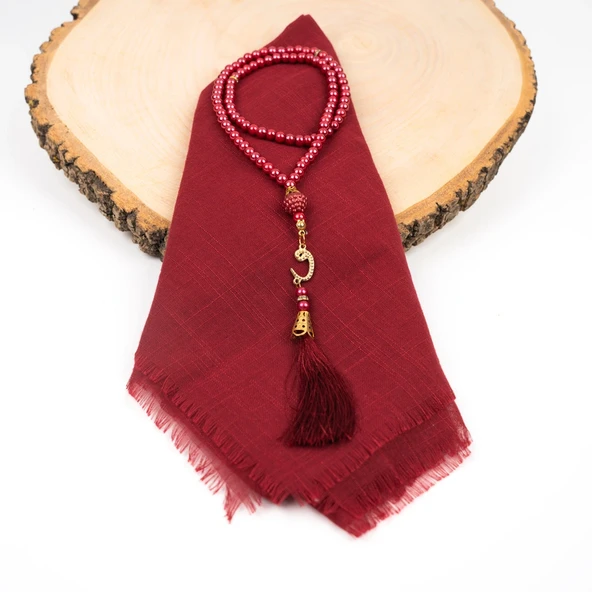 Flamlı Eşarp (96x96 cm) + Tesbih Hediye Seti (Bordo) - Resim 2