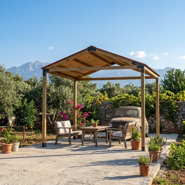 iAhşap Dört Direkli Çatılı Trapez Sac Kaplı Bahçe Pergola ürün görseli 1