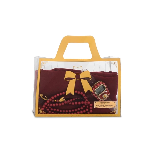 Flamlı Eşarp (96x96 cm) + Tesbih + Zikirmatik Hediye Seti (Bordo) ürün görseli 1