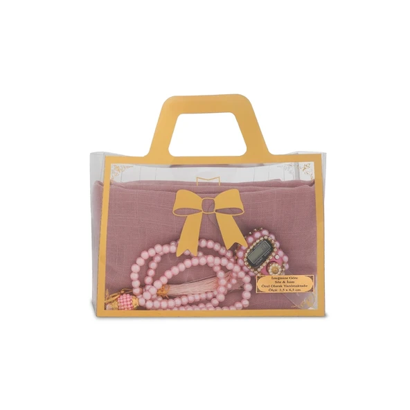 Flamlı Eşarp (96x96 cm) + Tesbih + Zikirmatik Hediye Seti (Pembe) ürün görseli 1