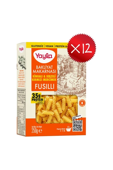 Yayla Kinoalı ve Sebzeli Kırmızı Mercimek Fusilli Bakliyat Makarnası 250 g x12 ürün görseli 1