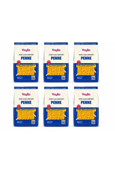 Yayla Glutensiz Mısır & Sarı Mercimek Penne Makarna 400 Gr x 6’lı Avantaj Paketi | Protein & Lif Kaynağı ürün görseli 1