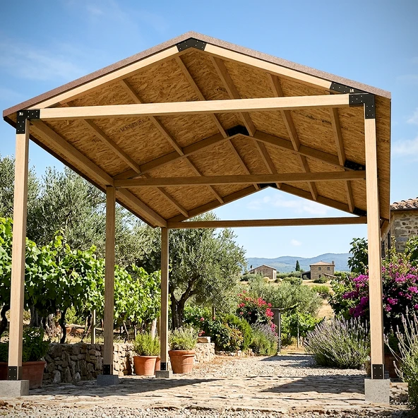 iAhşap Altı Direkli İzmir Çatılı Su Yalıtımlı Pergola - OSB ve Membran Kaplamalı ürün görseli 1