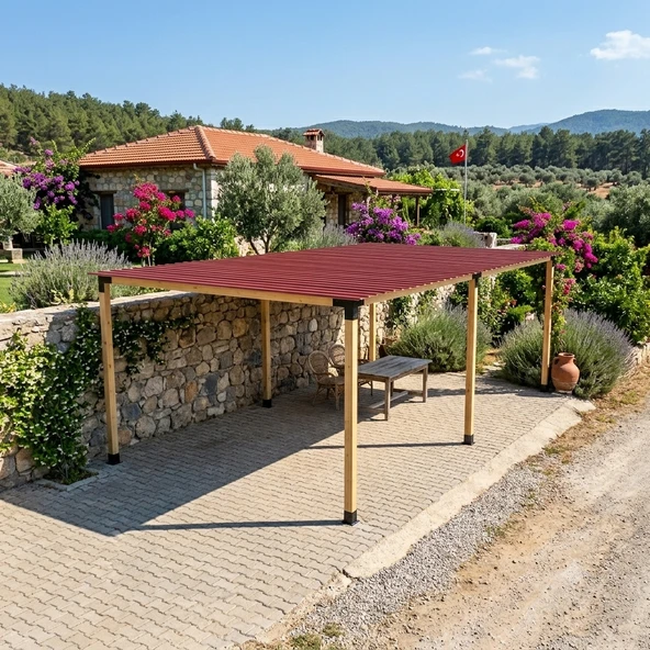 iAhşap Altı Direkli Trapez Sac Kaplı Büyük Boy Pergola ürün görseli 1