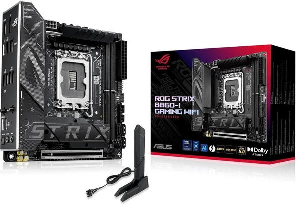 ASUS ROG Strix B860-I Gaming WiFi Intel Mini-ITX anakart, 10+1+2 + 1 aşamalı güç kaynağı, DDR5 PCIe 5.0 yuvası, AI-Advanced PC'ler için uygun, 2 M.2 yuvası, WiFi 7, AI Advisor, AI Networking II, siyah ürün görseli 1