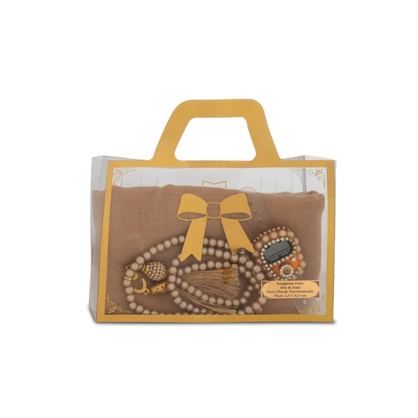 Flamlı Eşarp (96x96 cm) + Tesbih + Zikirmatik Hediye Seti (Gold) ürün görseli 1
