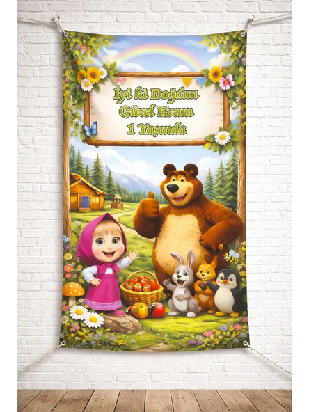 Maşa ile Koca Ayı Doğum Günü Kişiye Özel 1 Yaş Branda Afiş Dikey Tasarım 70X100 CM ürün görseli 1