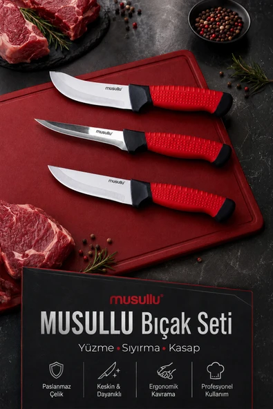 Musullu 3'lü Profesyonel Kasap Bıçak Seti - Yüzme, Sıyırma ve Kasap (Paslanmaz Çelik) ürün görseli 1
