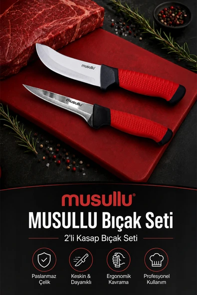 Musullu 2'li Profesyonel Kasap Bıçak Seti - Paslanmaz Çelik Yüzme ve Sıyırma Bıçağı ürün görseli 1