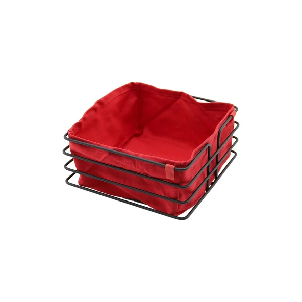 Kare Siyah Metal Kırmızı Bezli Ekmek Sepeti 20x21cm Derinlik 10.5cm ürün görseli 1