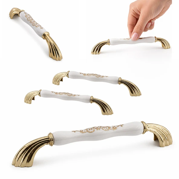 (5 Adet) Abanda Porselen Beyaz Gold Kulp 192 mm 19.2 cm Mobilya Çekmece Dolap Kapak Dolabı Kulb Kulp ürün görseli 1