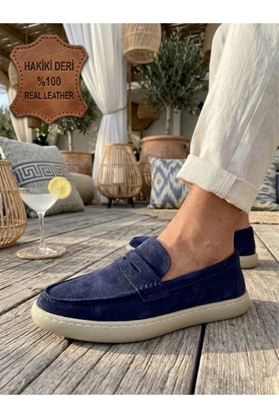 BOA BA0251 %100 İçi Dışı Hakiki Deri Erkek Lacivert Süet Casual Loafer Kauçuk Rahat Taban Dikişli A ürün görseli 1